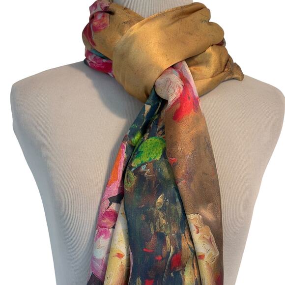 Floral Silk Scarf with Fringe Camel & Pink Solid Plush Back Soft Warm Artsy - Picture 4 of 7